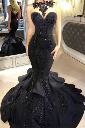 A| Bridelily Black Mermaid Beads Prom Dresses Appliques Evening Dresses