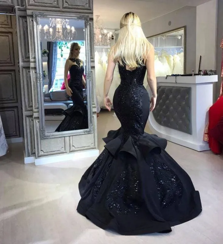 A| Bridelily Black Mermaid Beads Prom Dresses Appliques Evening Dresses