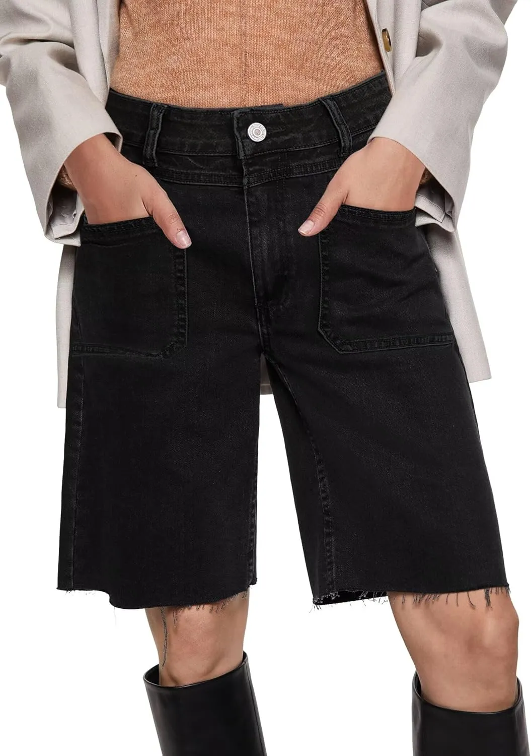 Allimy Womens Front Pockets Denim Long Shorts Jorts Cargo Baggy Bermuda Jean Shorts Knee Length