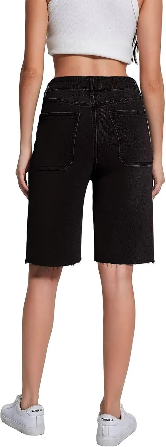 Allimy Womens Front Pockets Denim Long Shorts Jorts Cargo Baggy Bermuda Jean Shorts Knee Length
