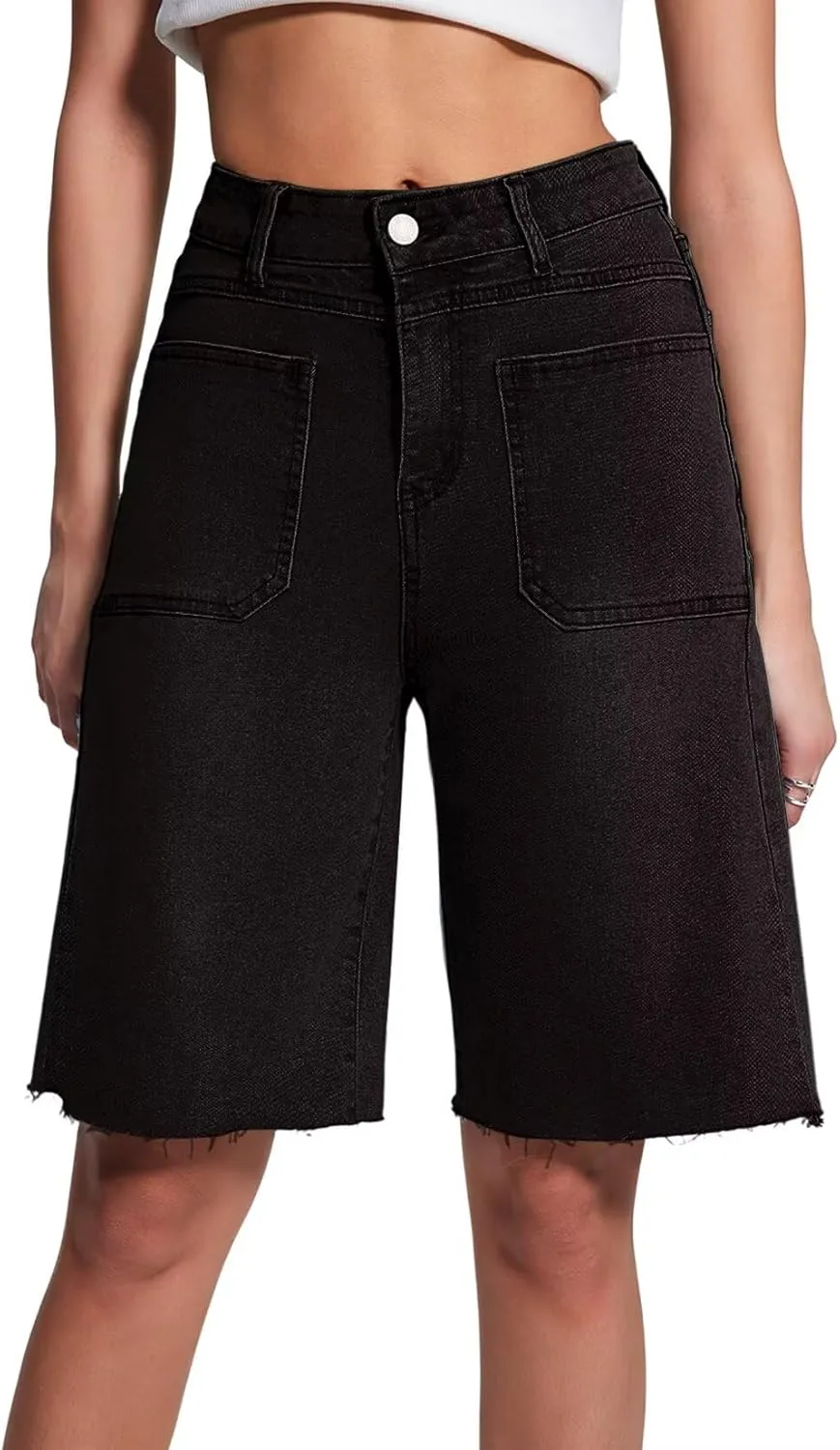 Allimy Womens Front Pockets Denim Long Shorts Jorts Cargo Baggy Bermuda Jean Shorts Knee Length