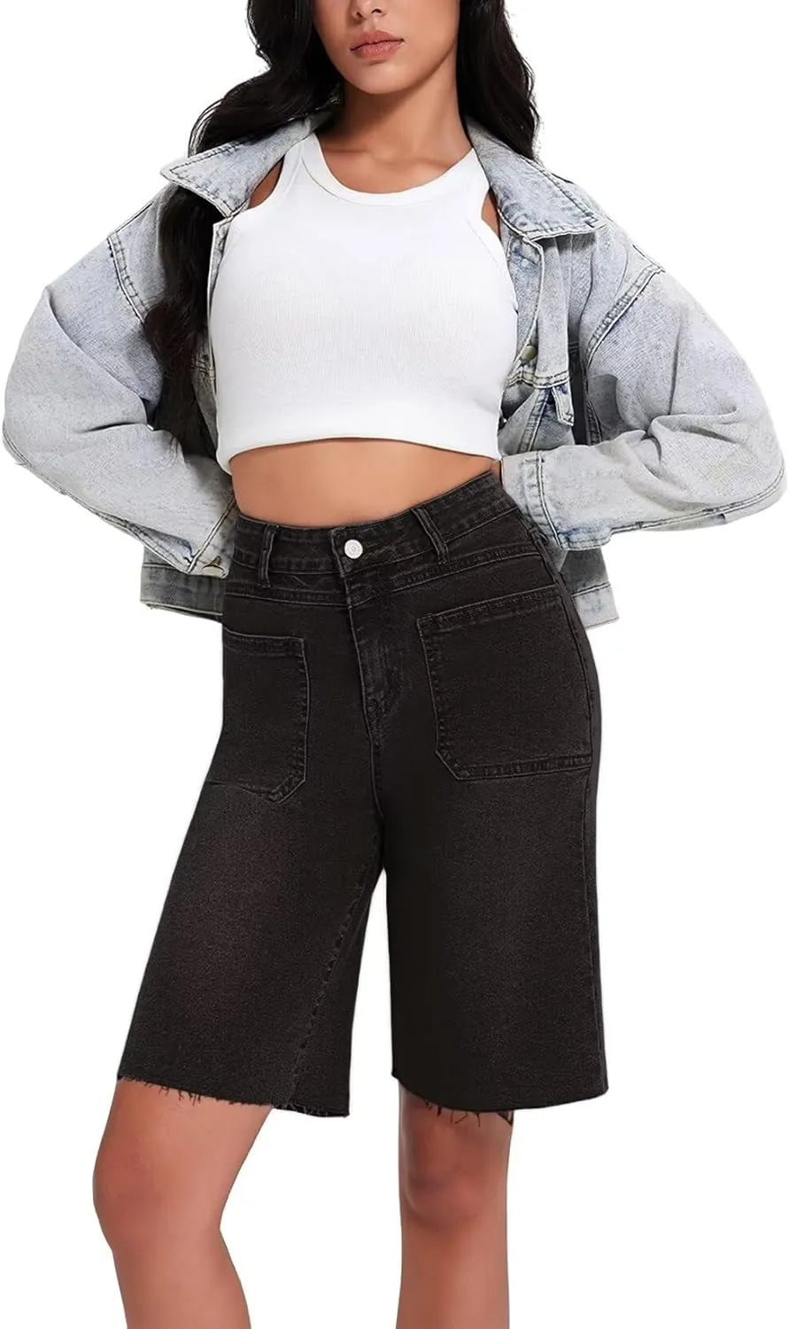 Allimy Womens Front Pockets Denim Long Shorts Jorts Cargo Baggy Bermuda Jean Shorts Knee Length