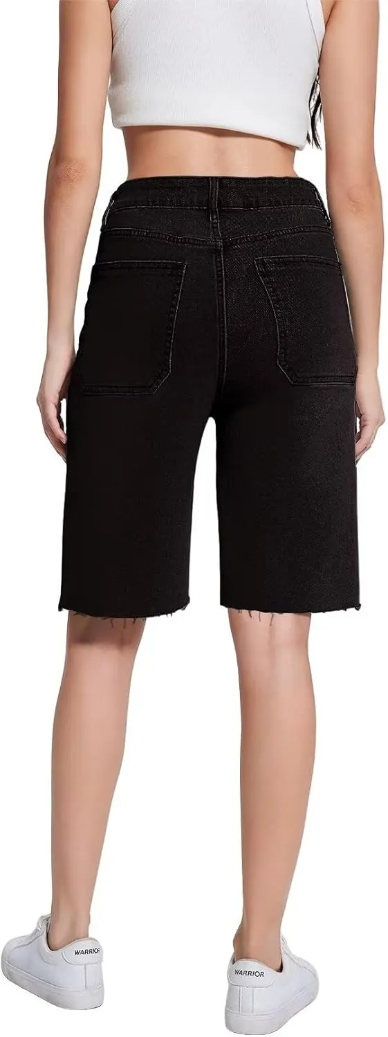 Allimy Womens Front Pockets Denim Long Shorts Jorts Cargo Baggy Bermuda Jean Shorts Knee Length