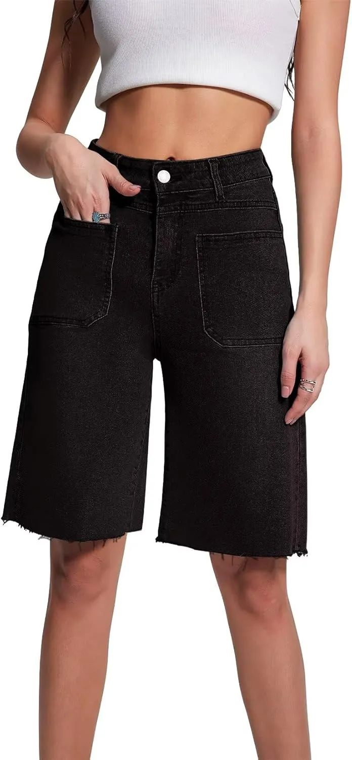 Allimy Womens Front Pockets Denim Long Shorts Jorts Cargo Baggy Bermuda Jean Shorts Knee Length