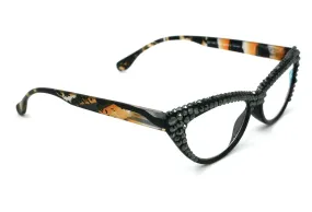 Aspen, Cat Eyes Tiger Print Women Reading Glasses Bling with Double Full Top Hematite Genuine European Crystals. Black tiger print. NY Fifth Avenue.