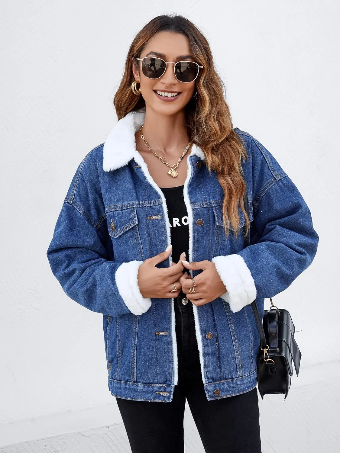 Atnlewhi Women's Retro Sherpa Lined Warm Denim Jean Jacket Thicker Jacket Coats with Pockets