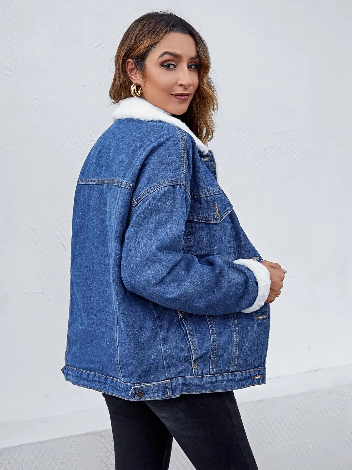 Atnlewhi Women's Retro Sherpa Lined Warm Denim Jean Jacket Thicker Jacket Coats with Pockets