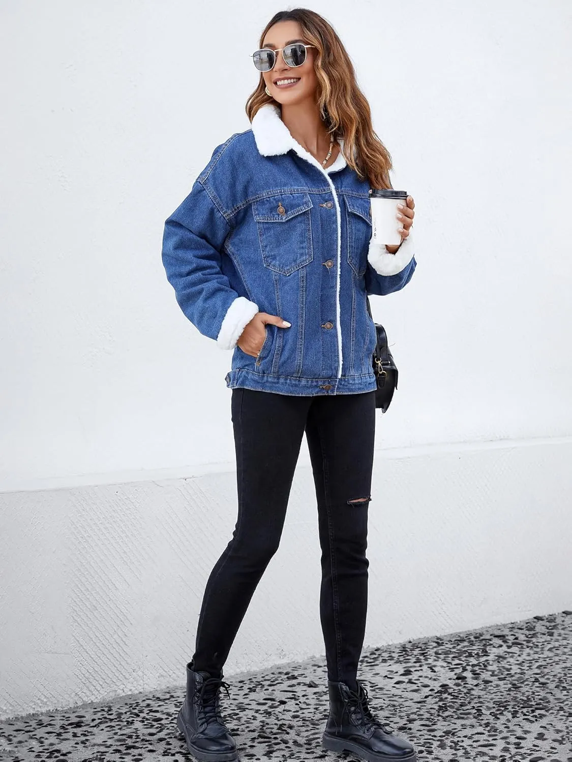 Atnlewhi Women's Retro Sherpa Lined Warm Denim Jean Jacket Thicker Jacket Coats with Pockets