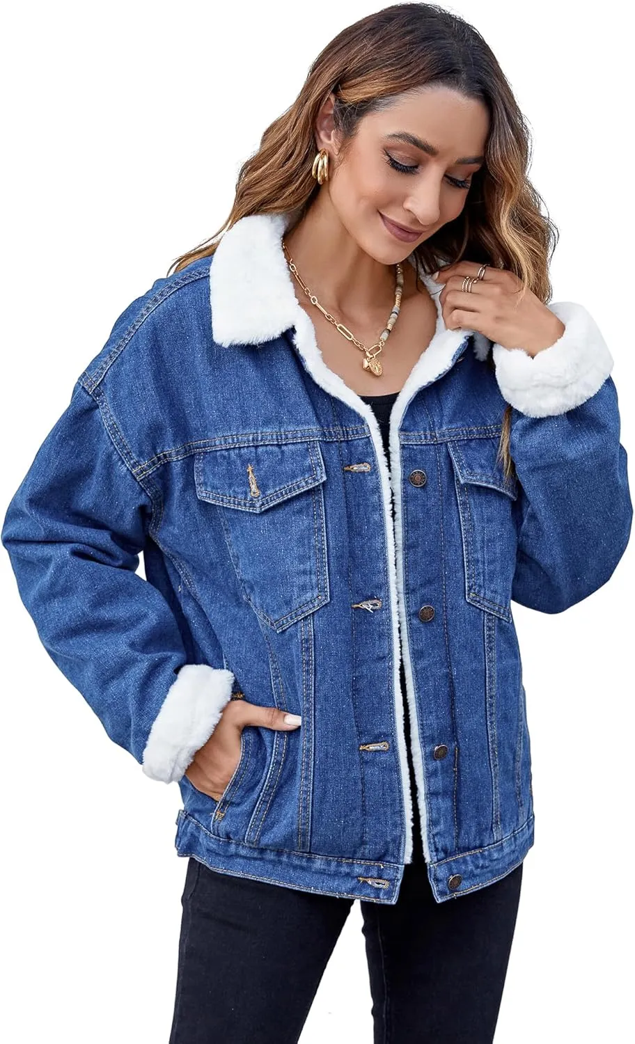 Atnlewhi Women's Retro Sherpa Lined Warm Denim Jean Jacket Thicker Jacket Coats with Pockets