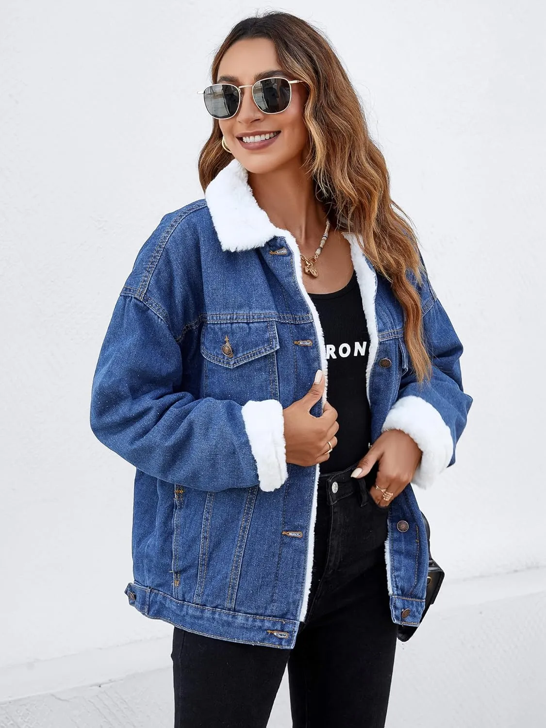 Atnlewhi Women's Retro Sherpa Lined Warm Denim Jean Jacket Thicker Jacket Coats with Pockets