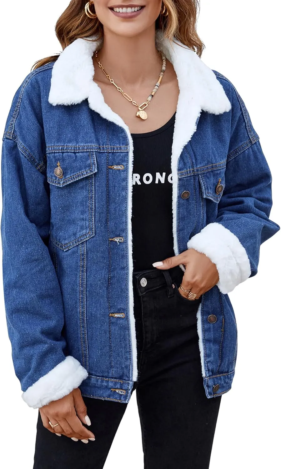 Atnlewhi Women's Retro Sherpa Lined Warm Denim Jean Jacket Thicker Jacket Coats with Pockets