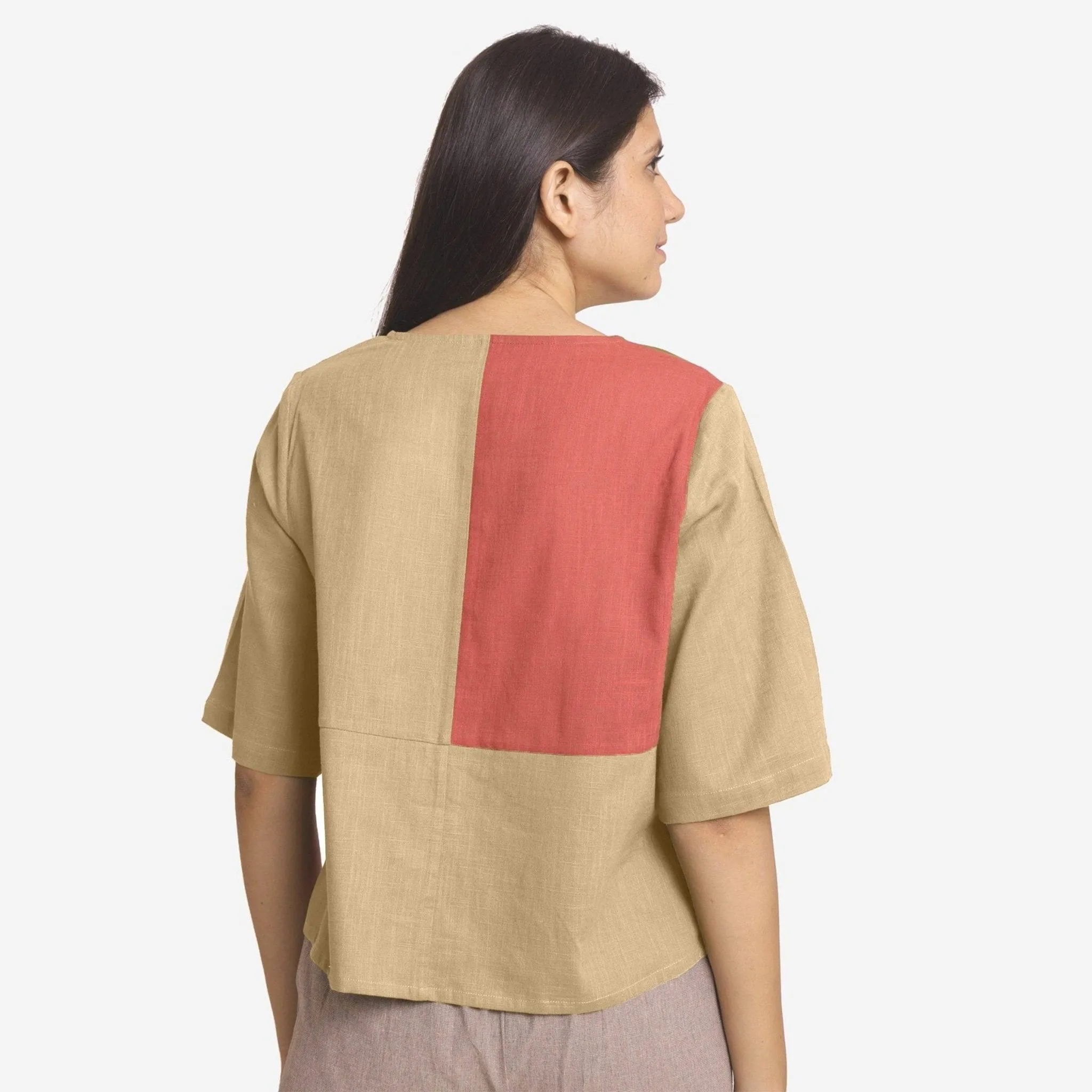 Beige and Brick Red 100% Cotton Round Neck Paneled Top