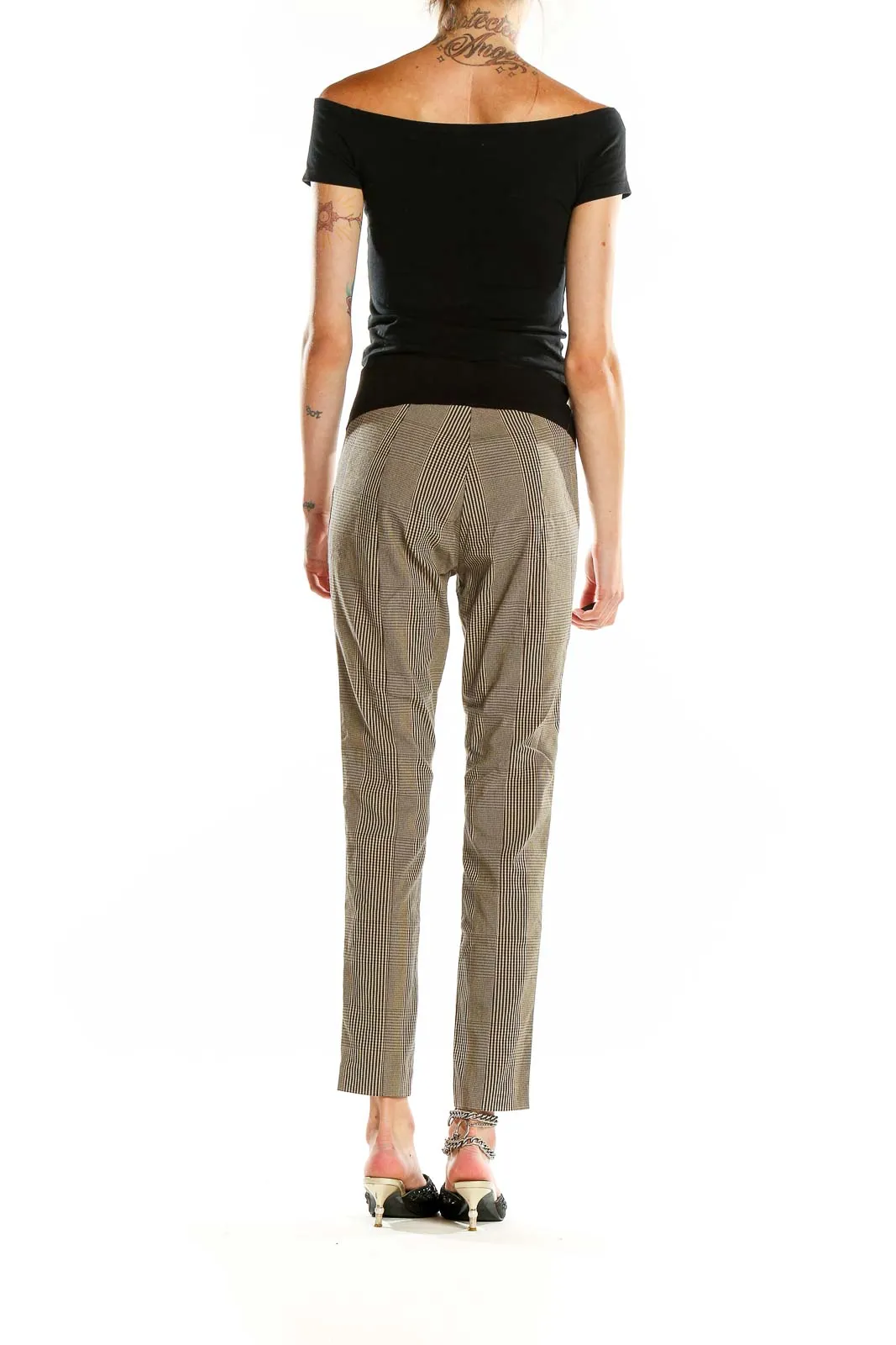 Beige Plaid Slim Fit Trousers