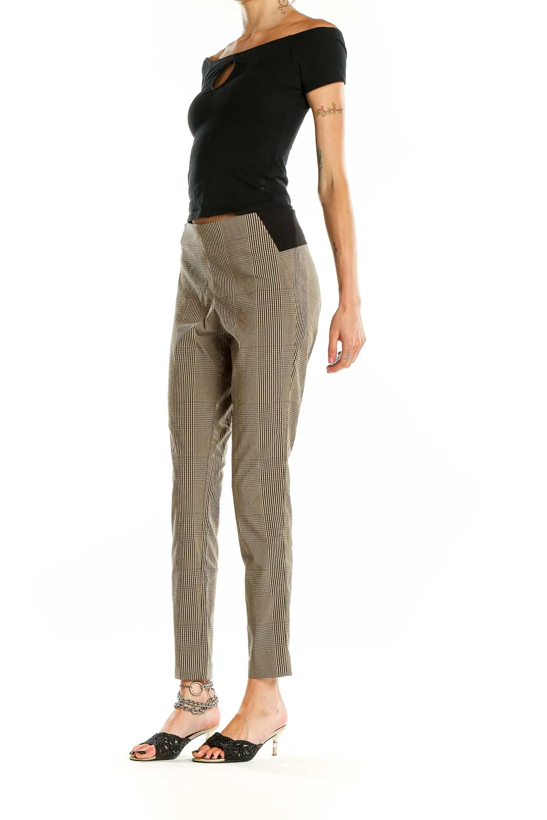 Beige Plaid Slim Fit Trousers