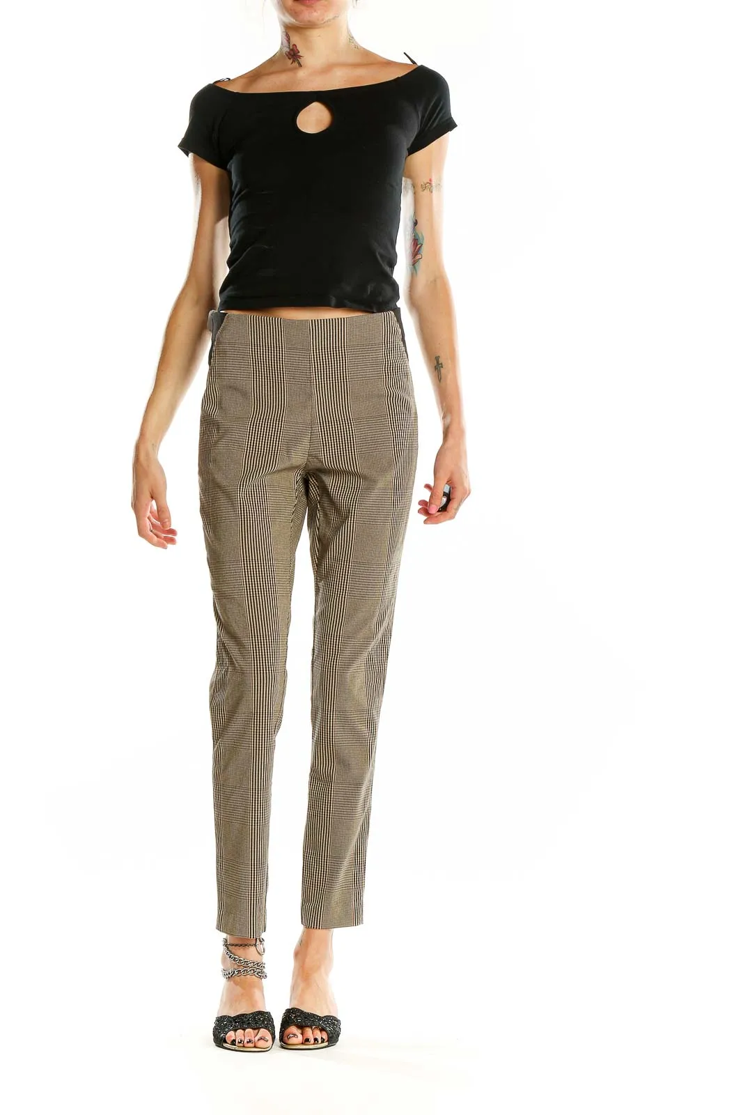 Beige Plaid Slim Fit Trousers