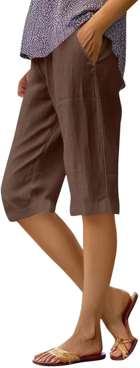 Bermuda Shorts for Women Knee Length Capris Lightweight Summer Straight Leg Beach Shorts with Pockets
