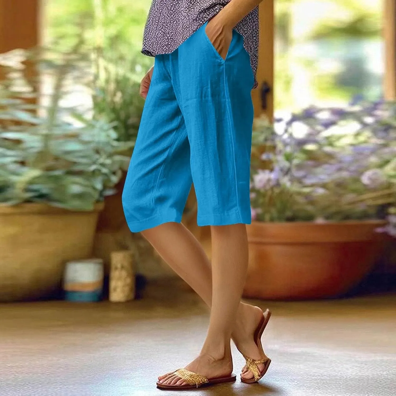 Bermuda Shorts for Women Knee Length Capris Lightweight Summer Straight Leg Beach Shorts with Pockets