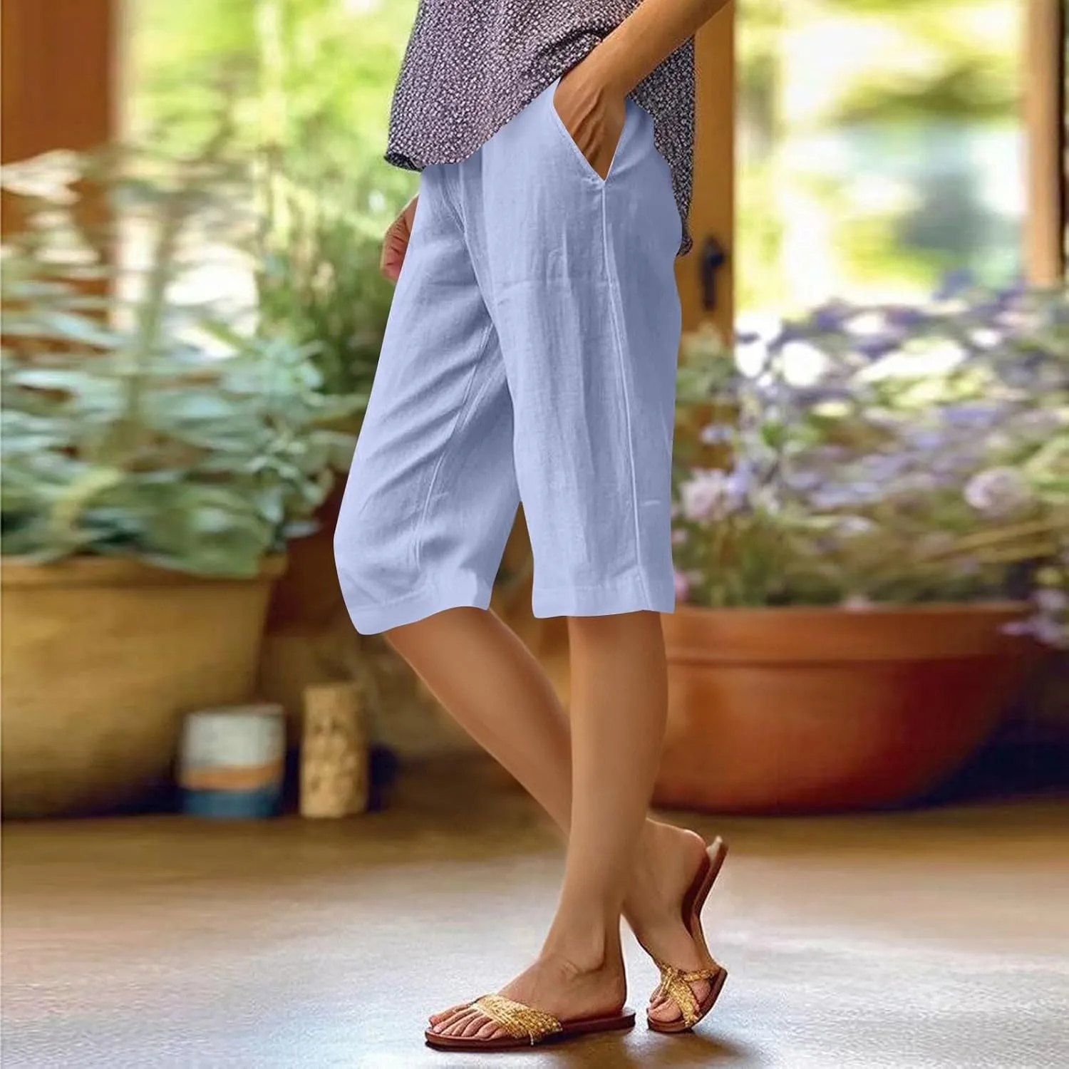 Bermuda Shorts for Women Knee Length Capris Lightweight Summer Straight Leg Beach Shorts with Pockets