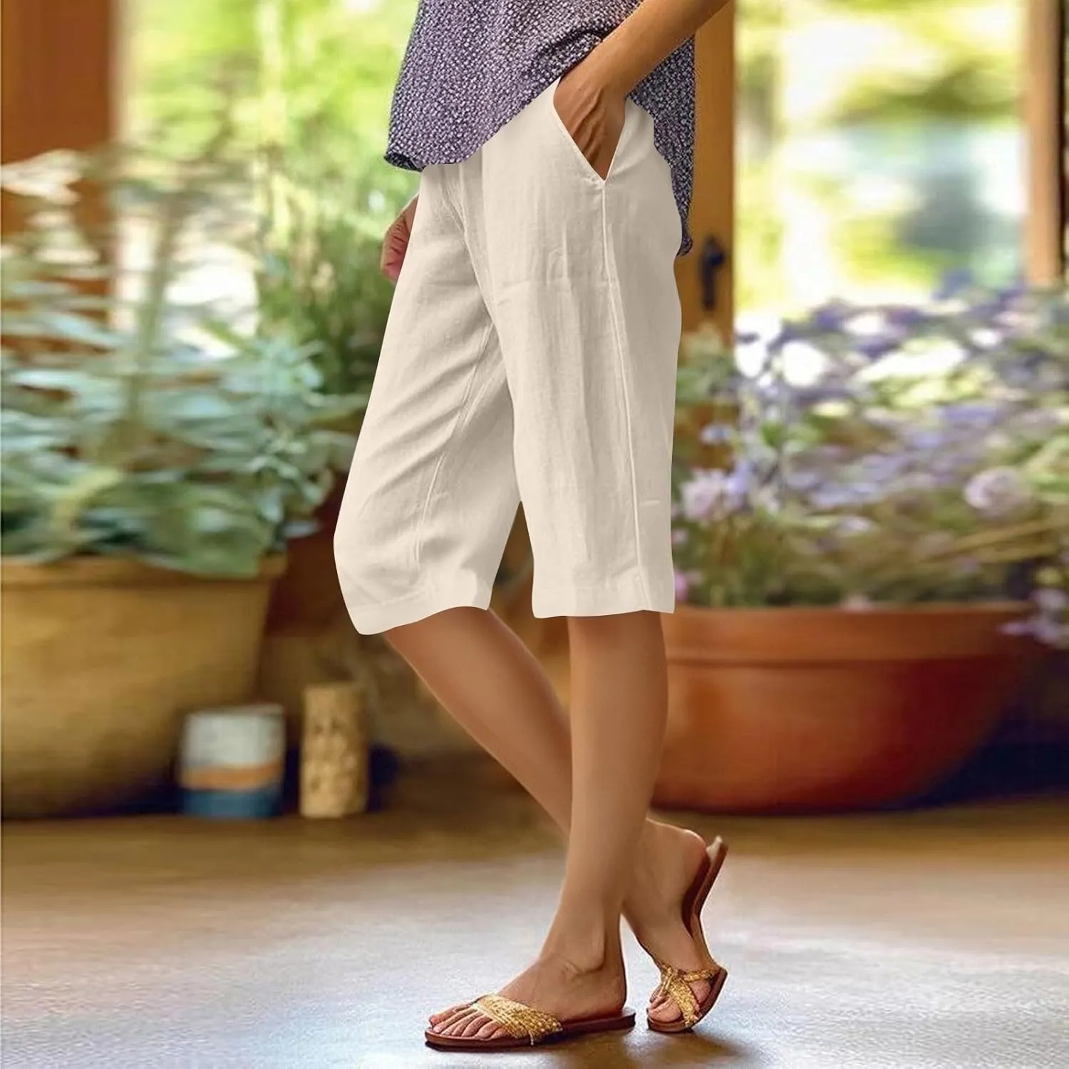 Bermuda Shorts for Women Knee Length Capris Lightweight Summer Straight Leg Beach Shorts with Pockets
