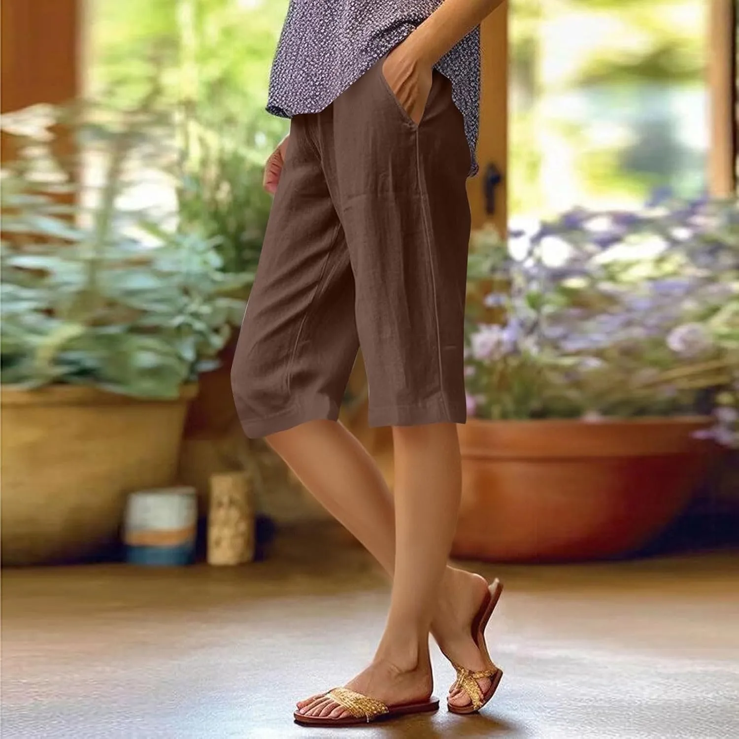 Bermuda Shorts for Women Knee Length Capris Lightweight Summer Straight Leg Beach Shorts with Pockets