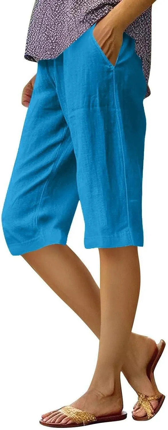 Bermuda Shorts for Women Knee Length Capris Lightweight Summer Straight Leg Beach Shorts with Pockets