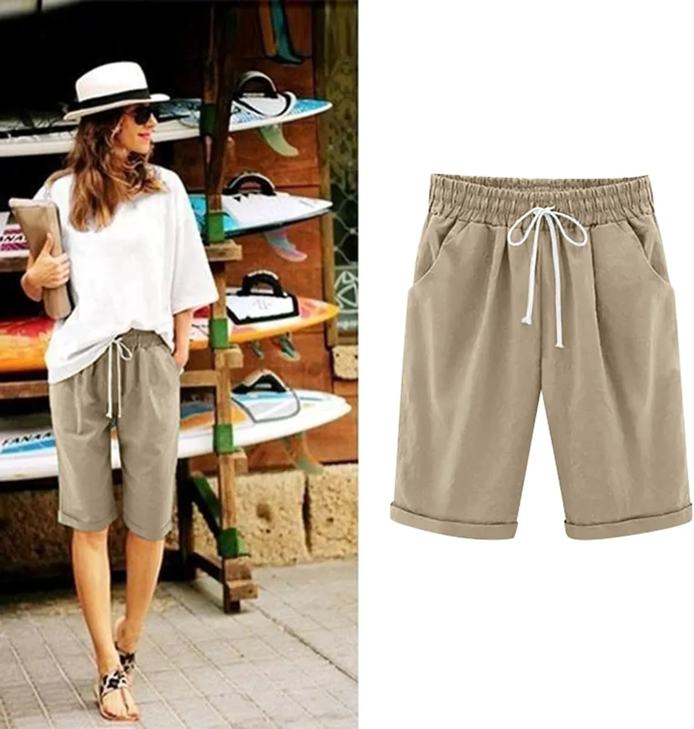 Bermuda Shorts for Women Knee Length Plus Size High Waisted Shorts Baggy Drawstring Pockets Casual Summer Shorts