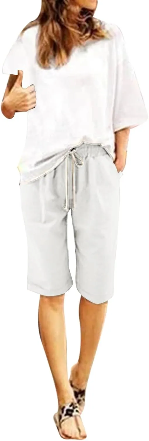 Bermuda Shorts for Women Knee Length Plus Size High Waisted Shorts Baggy Drawstring Pockets Casual Summer Shorts