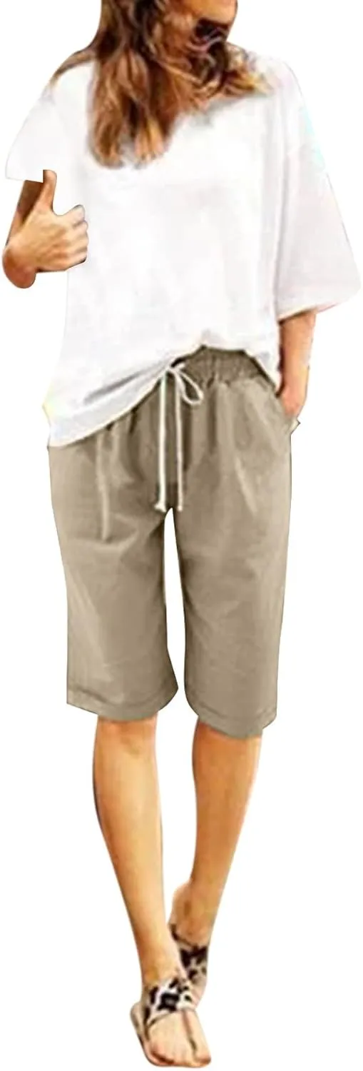 Bermuda Shorts for Women Knee Length Plus Size High Waisted Shorts Baggy Drawstring Pockets Casual Summer Shorts