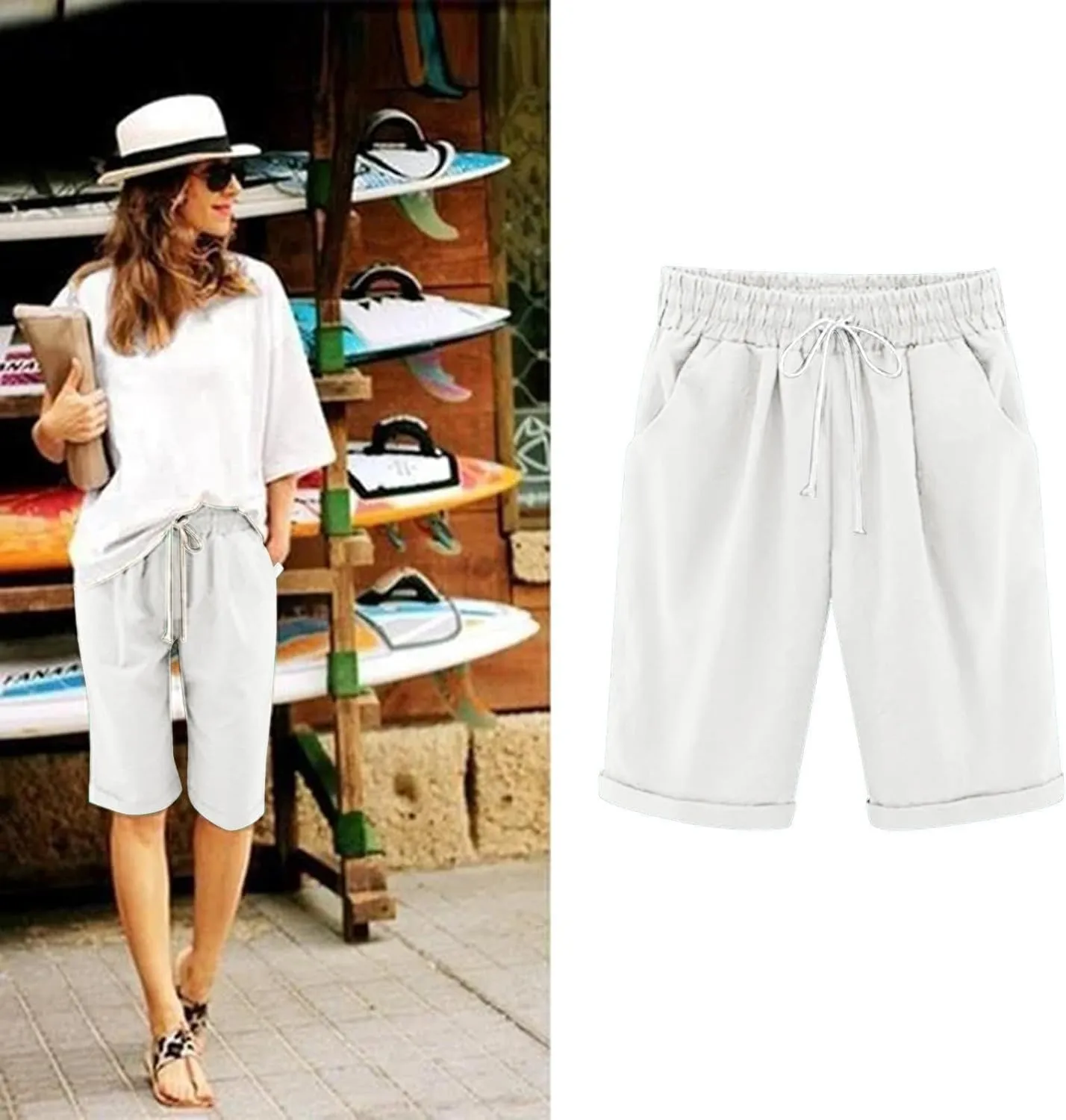 Bermuda Shorts for Women Knee Length Plus Size High Waisted Shorts Baggy Drawstring Pockets Casual Summer Shorts