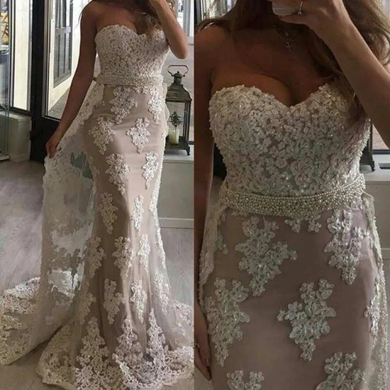 Bridelily 2019 Tulle Appliques Pearl Prom Dresses Mermaid Beaded Sweetheart with Train