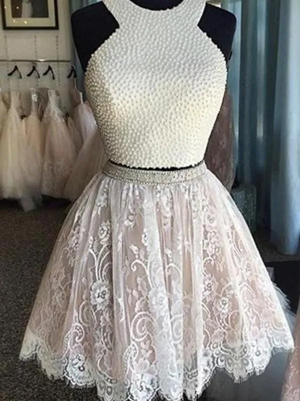 Bridelily A-Line Lace Halter Sleeveless Short/Mini With Pearls Dresses