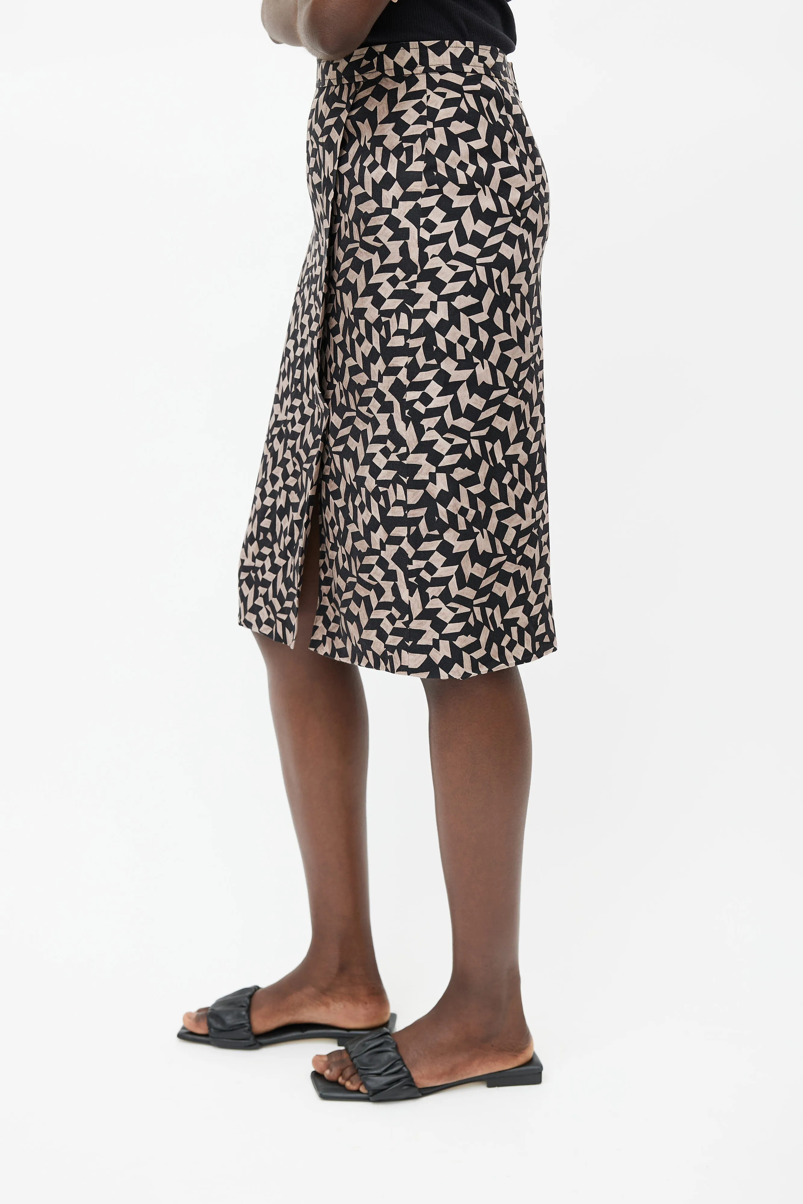 Brown & Black Silk Print Skirt