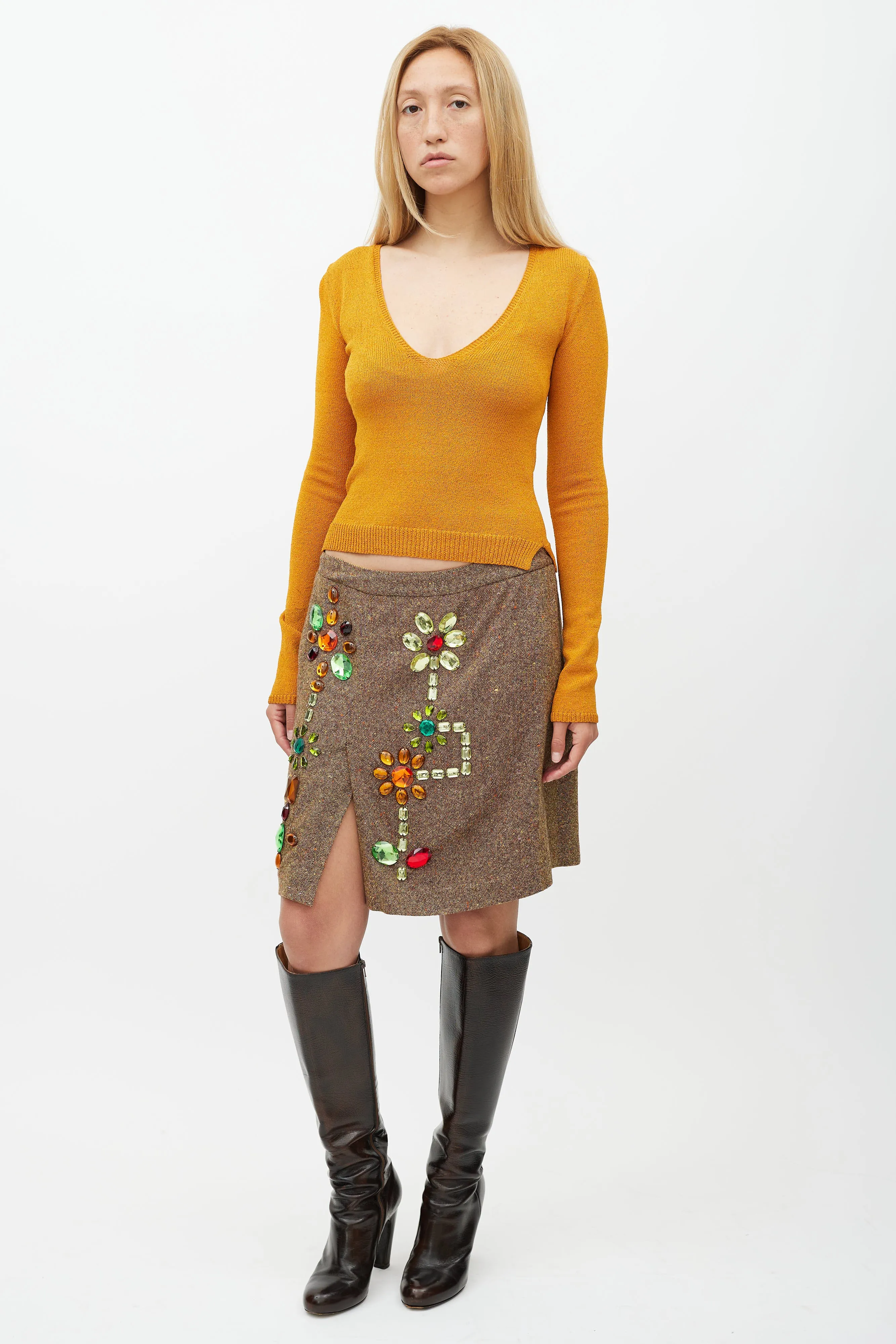 Brown & Multicolour Embellished Wool Skirt