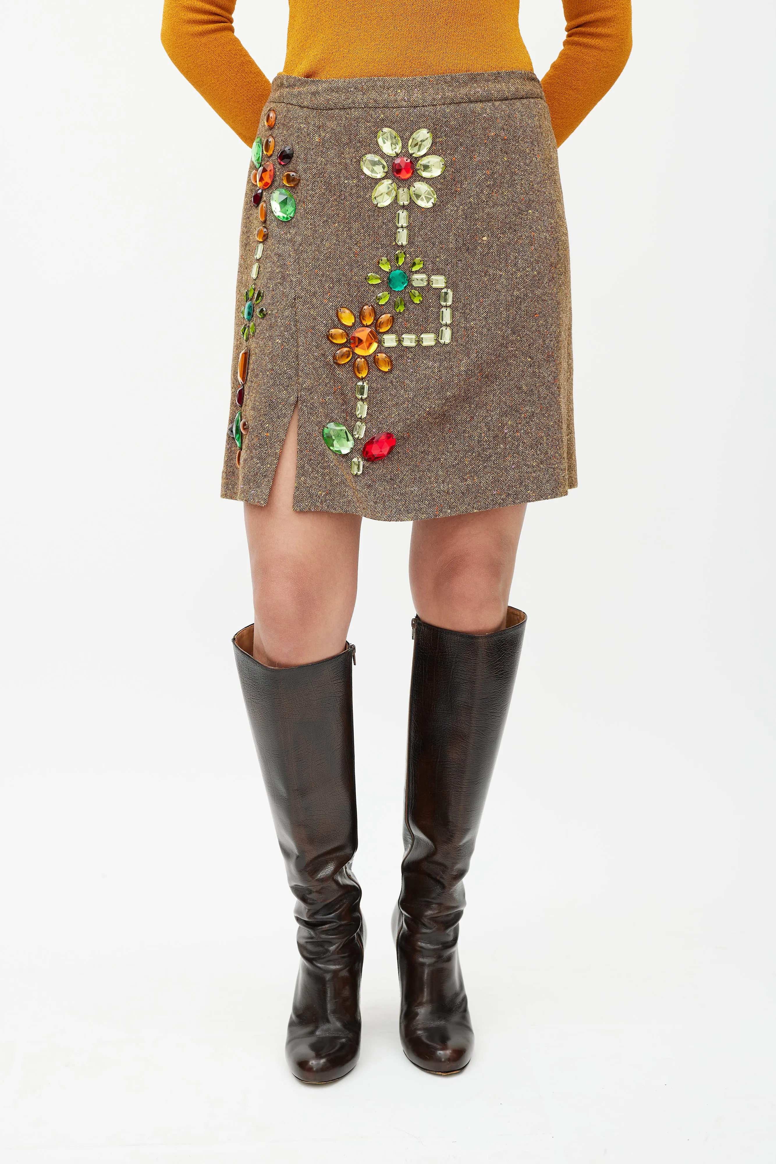 Brown & Multicolour Embellished Wool Skirt