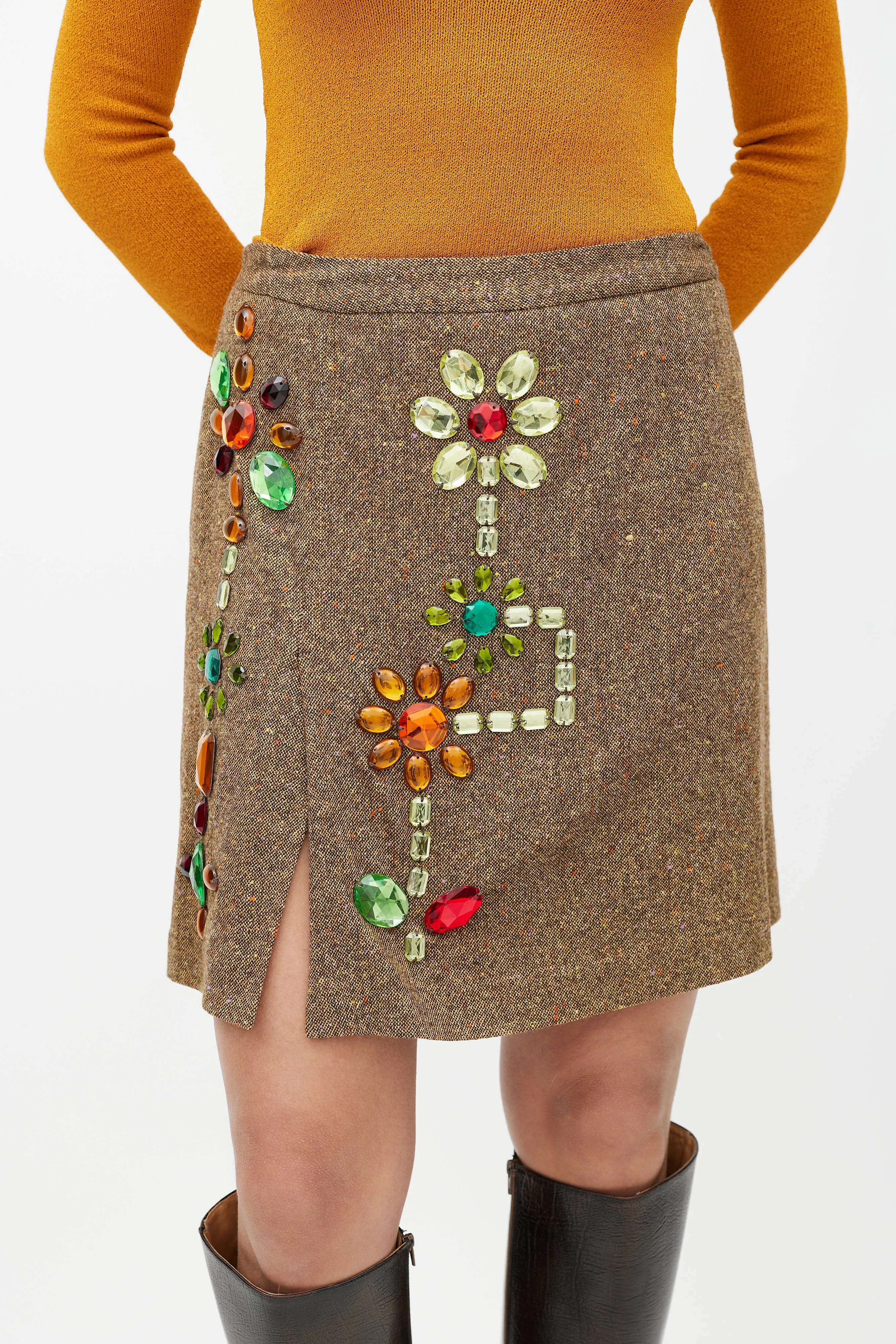 Brown & Multicolour Embellished Wool Skirt
