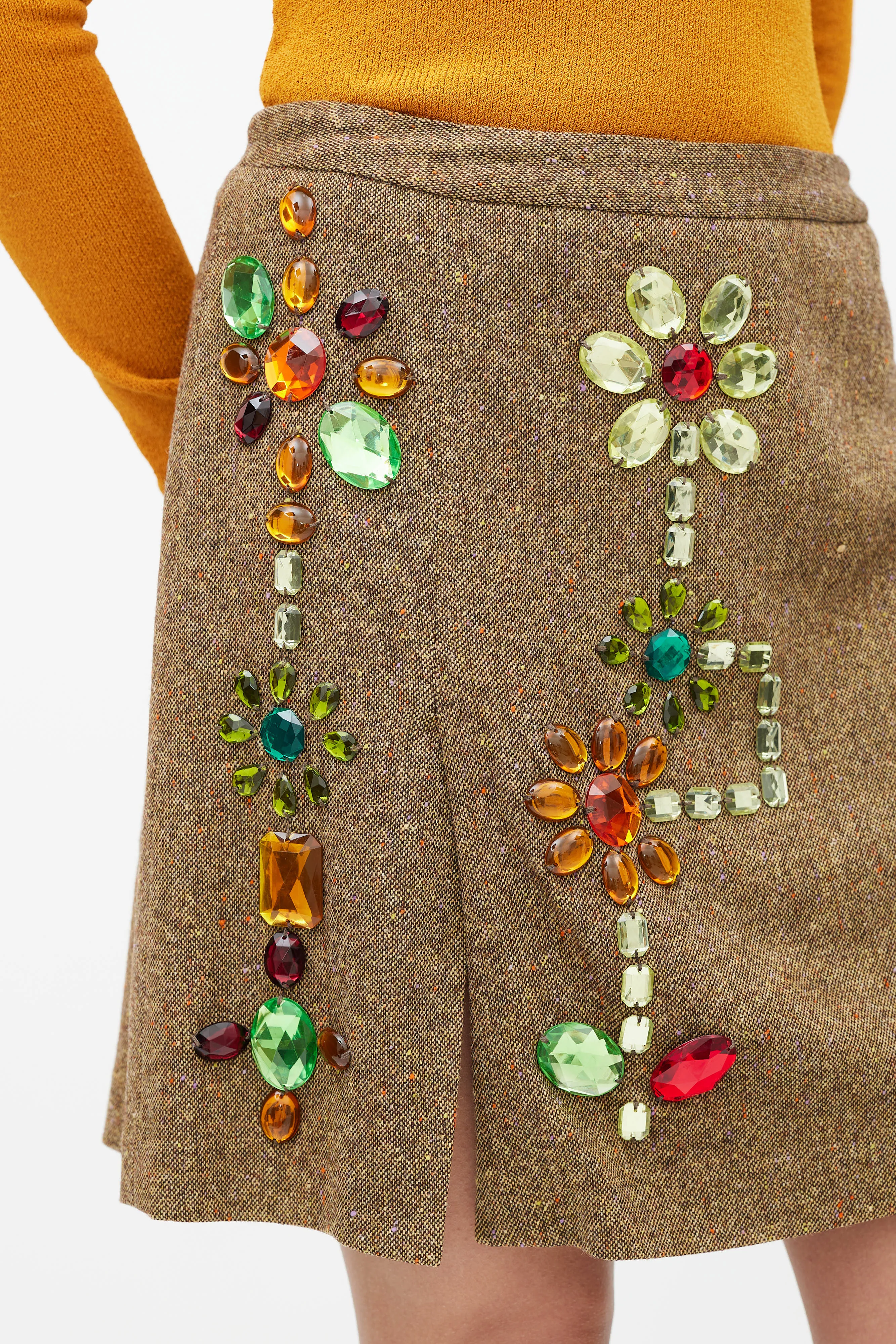 Brown & Multicolour Embellished Wool Skirt
