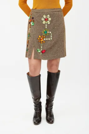 Brown & Multicolour Embellished Wool Skirt