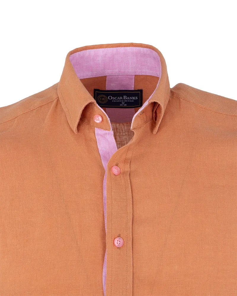 Brown Plain Linen Short Sleeve Shirt