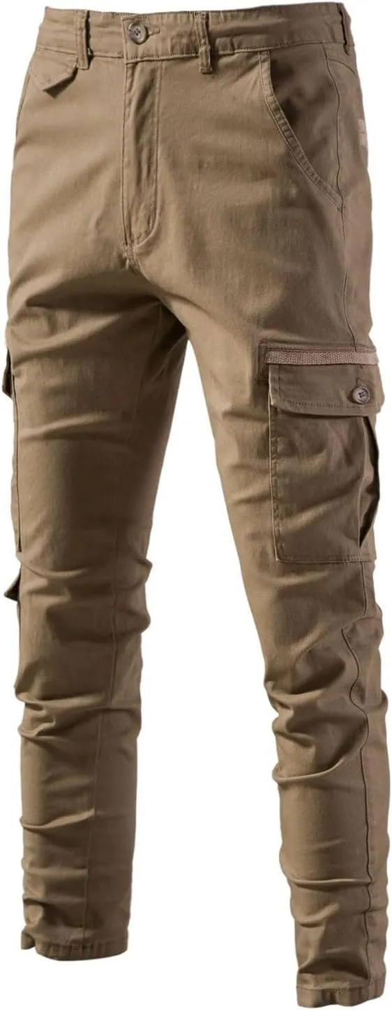 Cotton Linen Pants Men 2023 Fashion Buckle Zipper Solid Stretch Cargo Pants Classic Skinny-Fit Straight Trousers