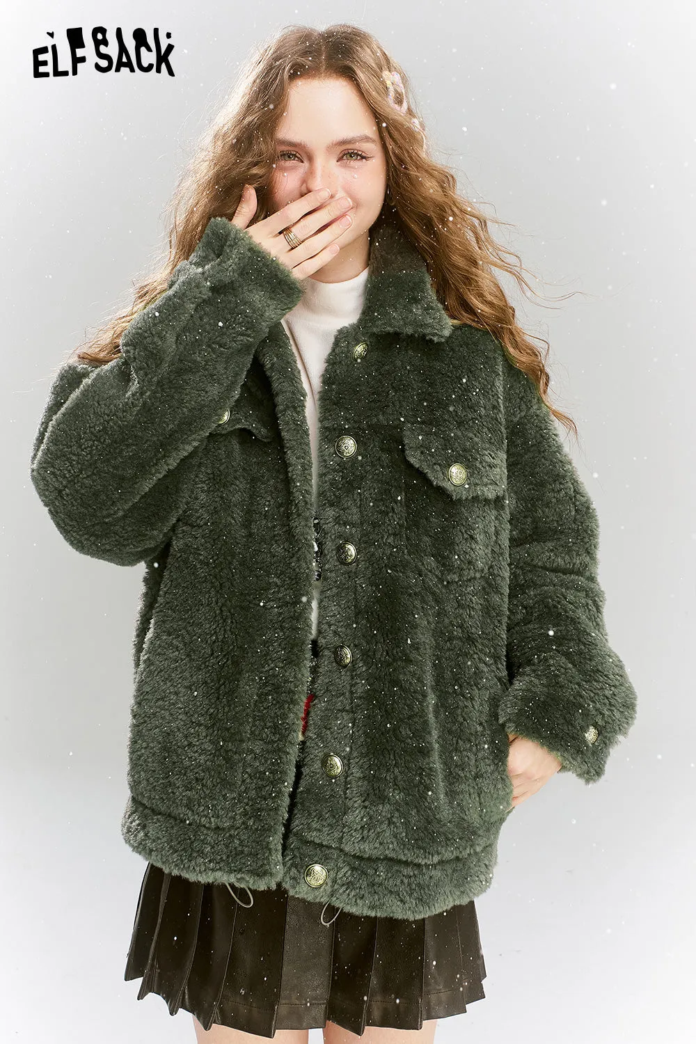 ELFSACK 2024 Winter New Arrivals Retro Sweet Cool Plush Single breasted Short Warm Thick Coat for Women
