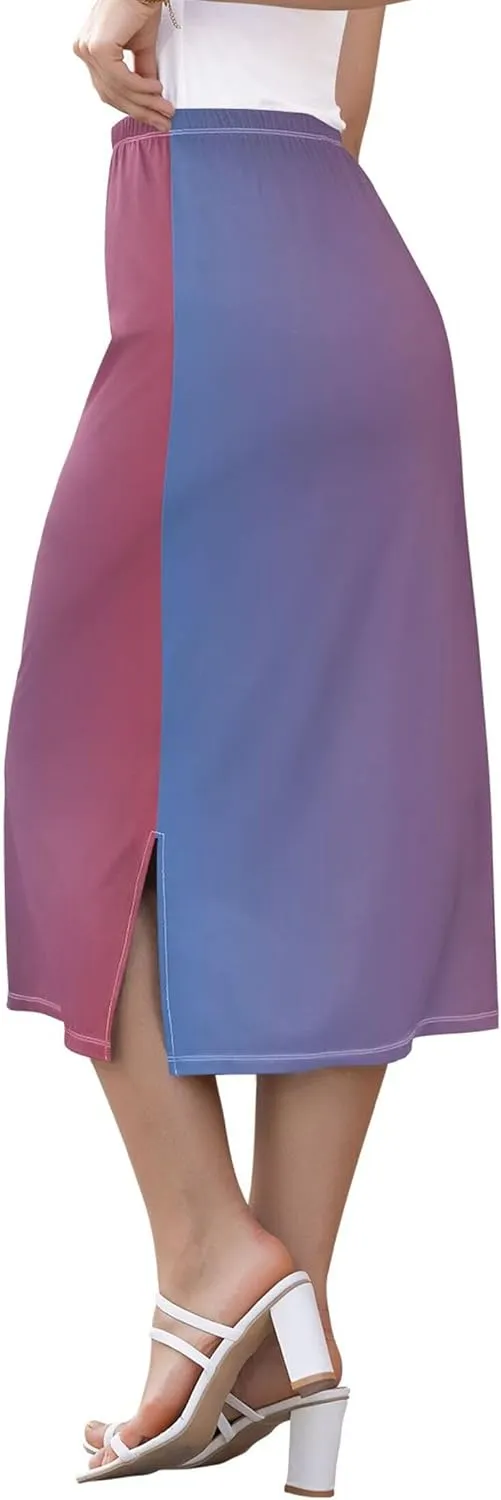Grey Gradient Midi Skirts with Slit Womens Cute Pencil Skirt High Waist Stretch Summer Skirt S