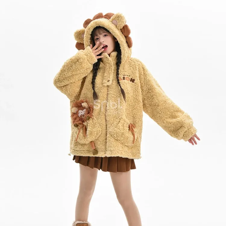 Kawaii Cartoon Lion Plush Hooded Coat