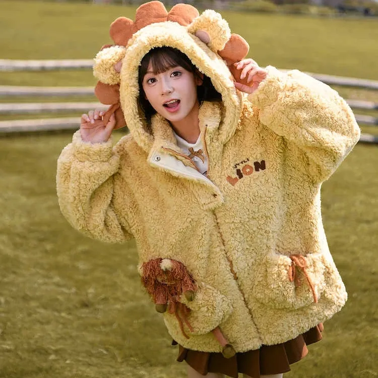 Kawaii Cartoon Lion Plush Hooded Coat