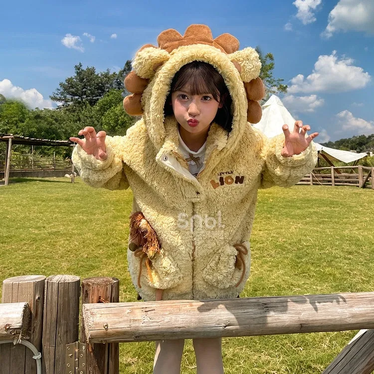 Kawaii Cartoon Lion Plush Hooded Coat