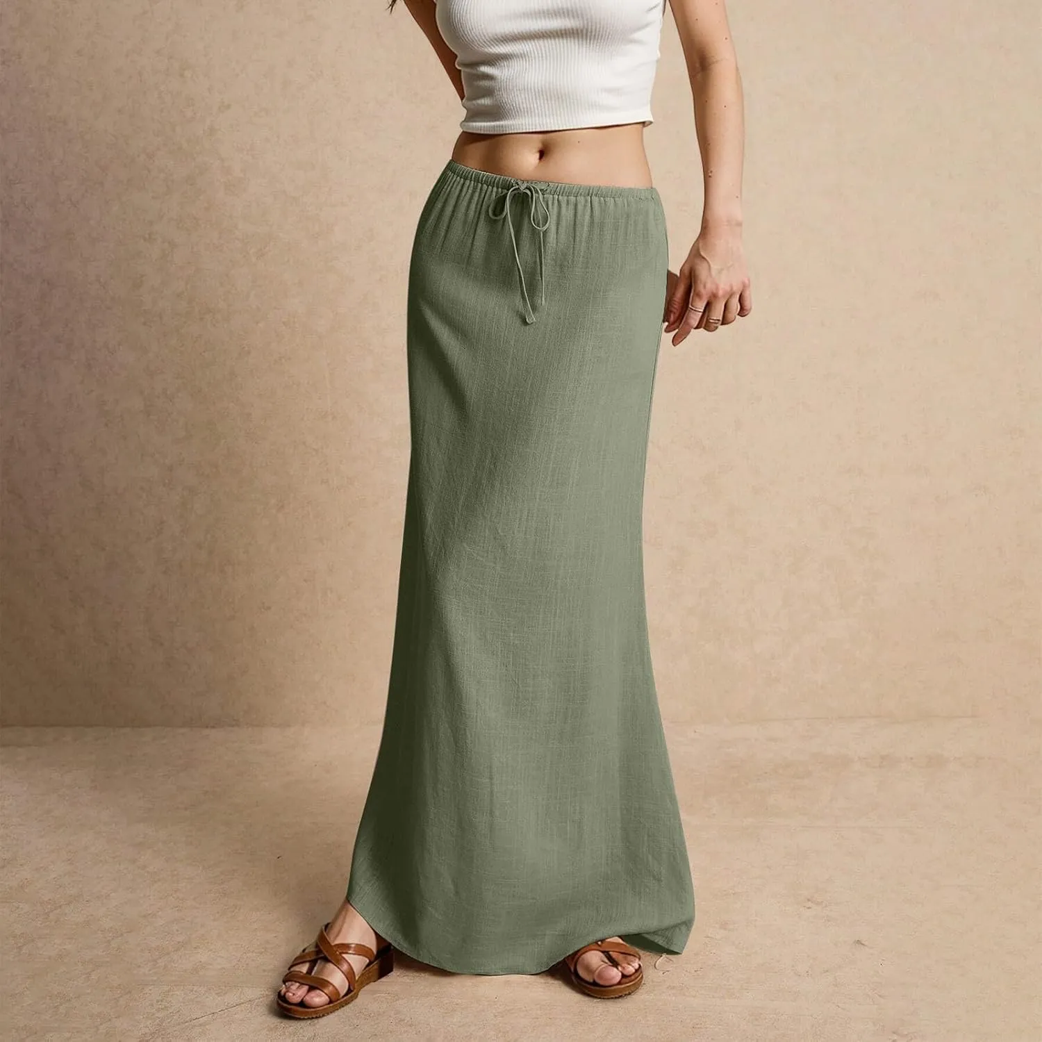 Long Skirts for Women Trendy Drawstring Low Rise Womens Linen Maxi Skirt with Slit Flowy Skirts Plus Size Summer