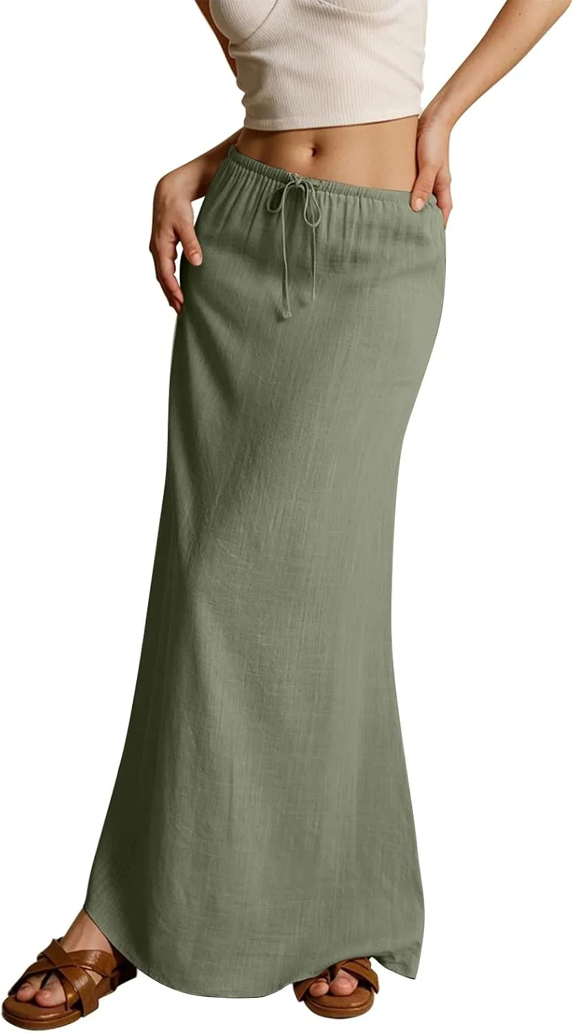 Long Skirts for Women Trendy Drawstring Low Rise Womens Linen Maxi Skirt with Slit Flowy Skirts Plus Size Summer
