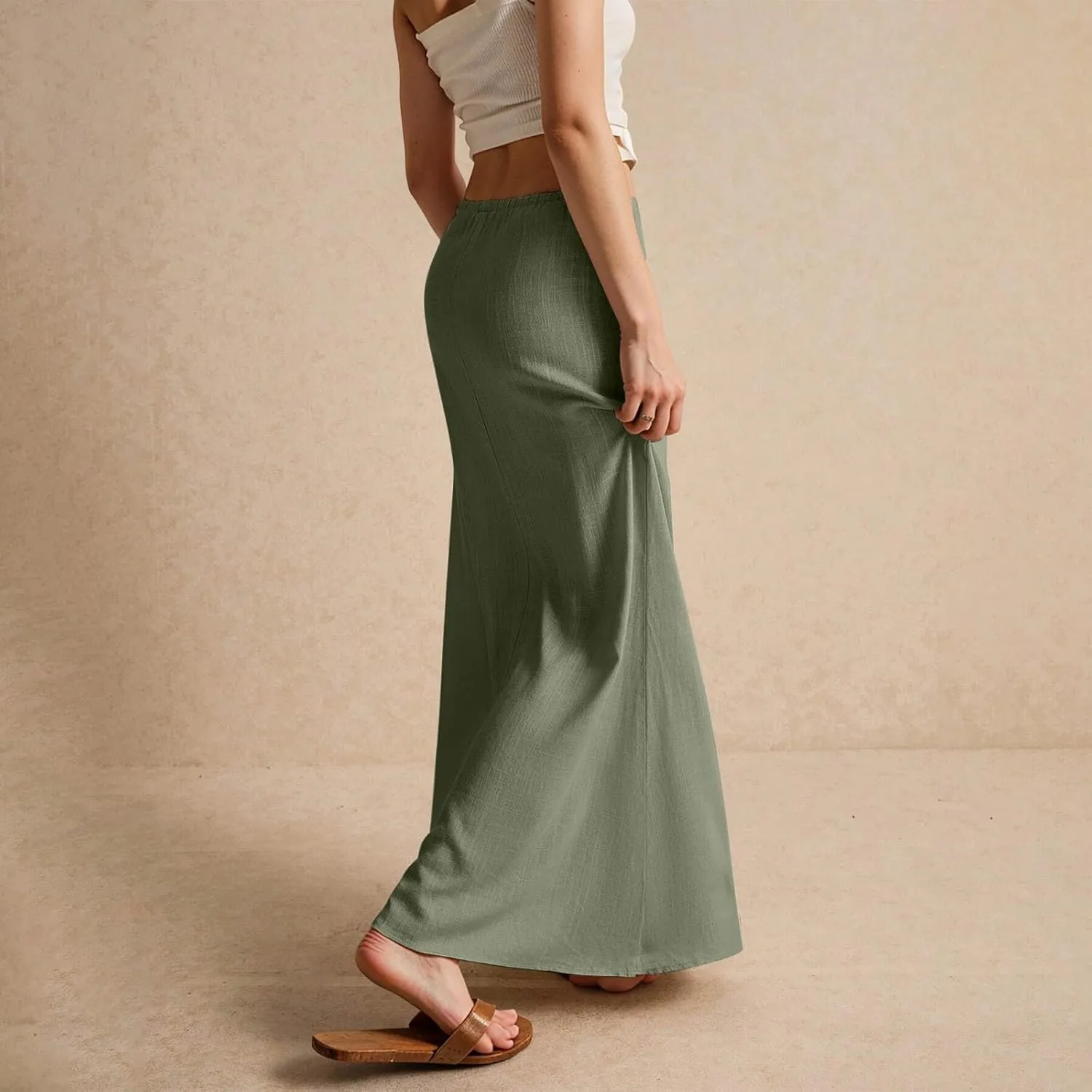Long Skirts for Women Trendy Drawstring Low Rise Womens Linen Maxi Skirt with Slit Flowy Skirts Plus Size Summer