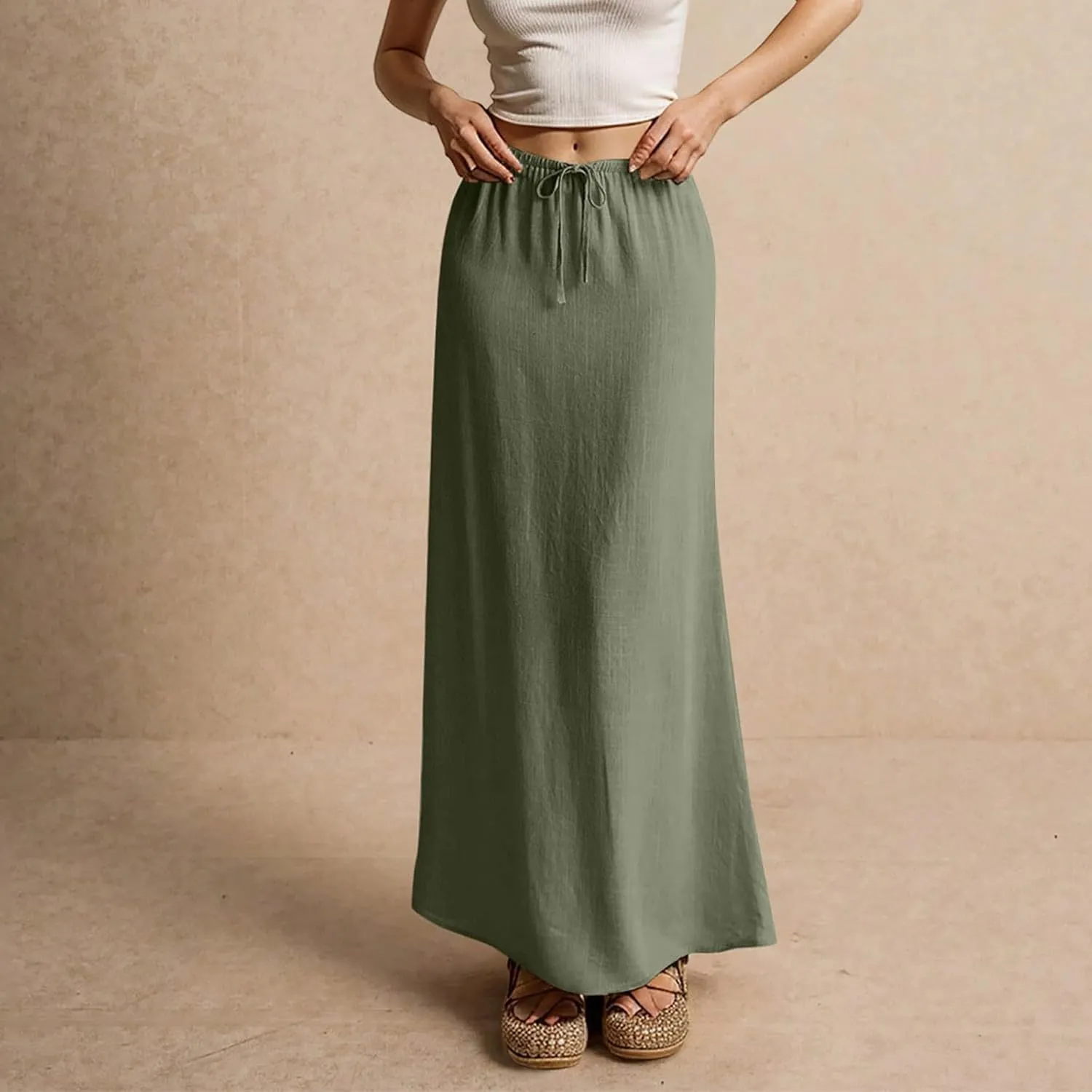 Long Skirts for Women Trendy Drawstring Low Rise Womens Linen Maxi Skirt with Slit Flowy Skirts Plus Size Summer