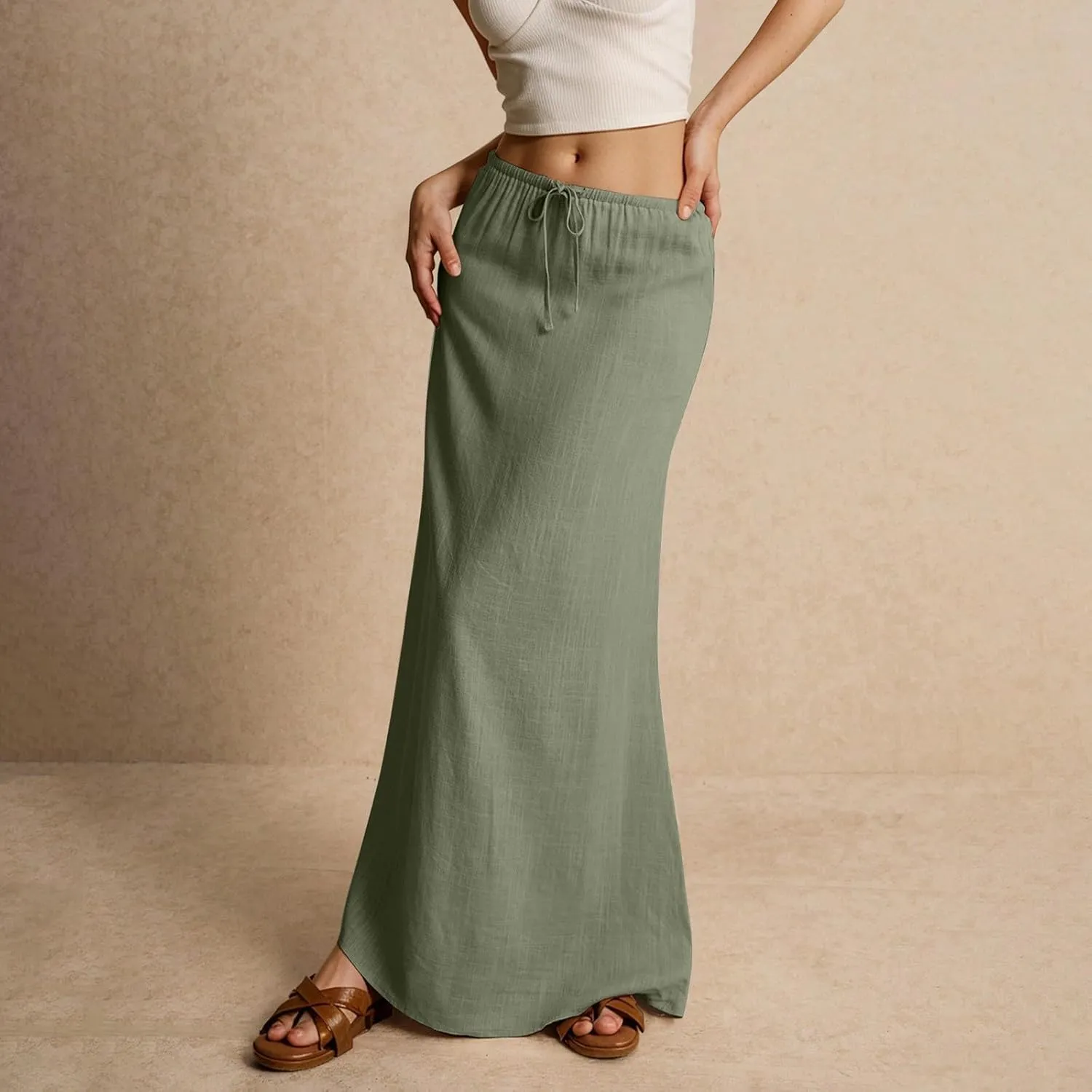 Long Skirts for Women Trendy Drawstring Low Rise Womens Linen Maxi Skirt with Slit Flowy Skirts Plus Size Summer