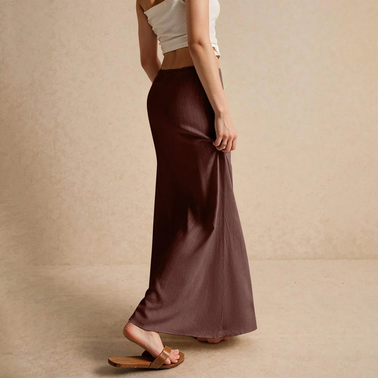 Long Skirts for Women Trendy Summer Flowy Skirts Womens Linen Maxi Skirt with Slit Drawstring Low Rise Plus Size